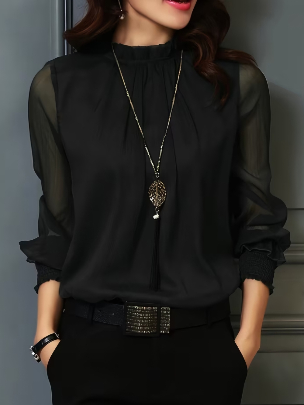 Black Sheer-Sleeve Ruffle-Neck Blouse